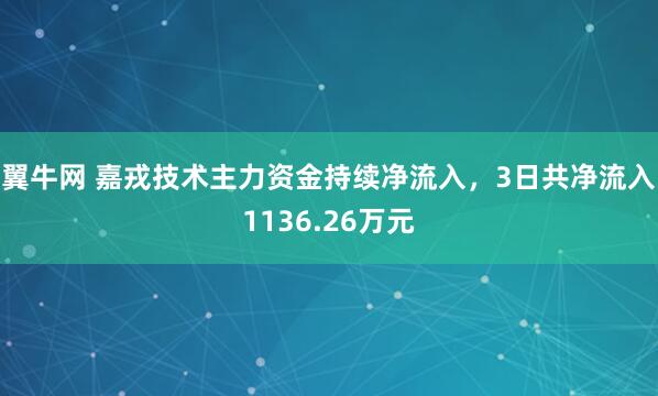 翼牛网 嘉戎技术主力资金持续净流入，3日共净流入1136.26万元